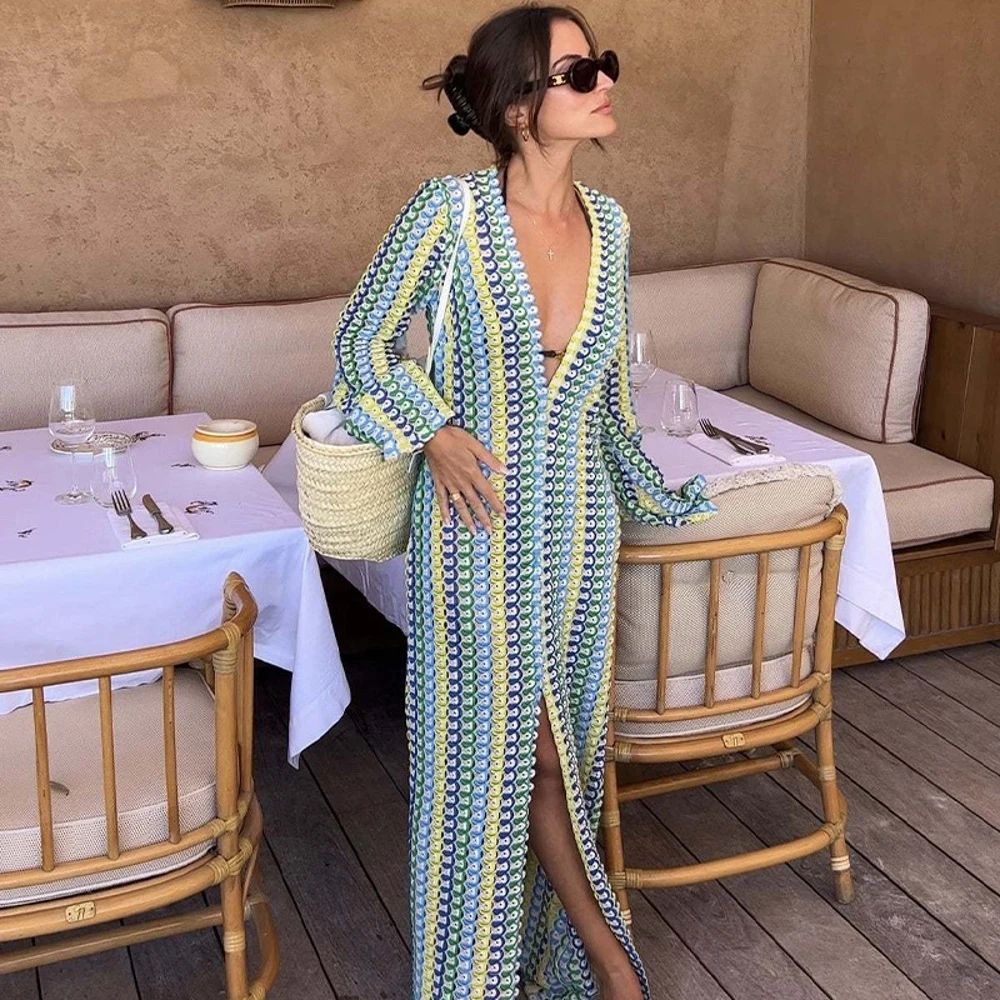 Spitzen-Häkel-Maxikleid für Damen, Tiefer V-Ausschnitt, Ausgestellte Ärmel, Seitenschlitz, Sexy Farbverlauf, Sommer-Strand-Urlaubskleid, Übergröße