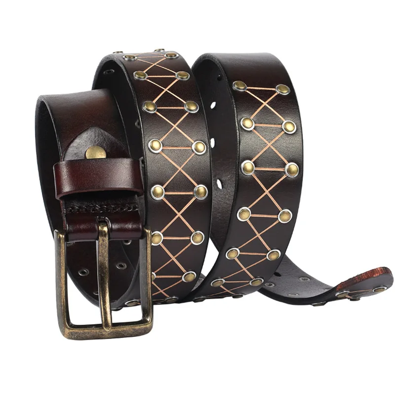 Punk Trend Rivet Men Belt Thicken Genuine Leather Alloy Pin Buckle Washed Retro Distressed Pure Cowhide Personalized Denim Belt