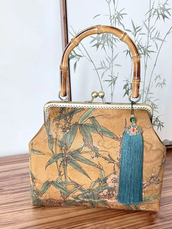 

New Chinese Sle Silk Xiangyun a Bamboo Node Qipao Hanfu Handbag Vintage Tassel Crossbody Bag Ele Floral Print