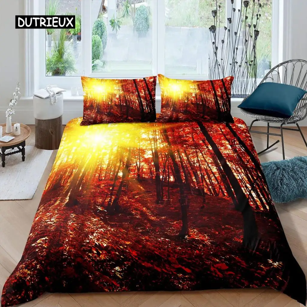 Autumn Duvet Cover Set Fallen Leaves Red Maple Leaf Nature Bedding Set Microfiber Sunshine Tree Woods Natural King Quilt Cover