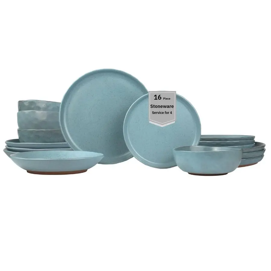 

16Piece Stoneware Dinnerware Set for 4, SemiMatte Teal Plates and Bowls Sets with Rustic Speckled Glaze, Ceramic Dish Set, Elega