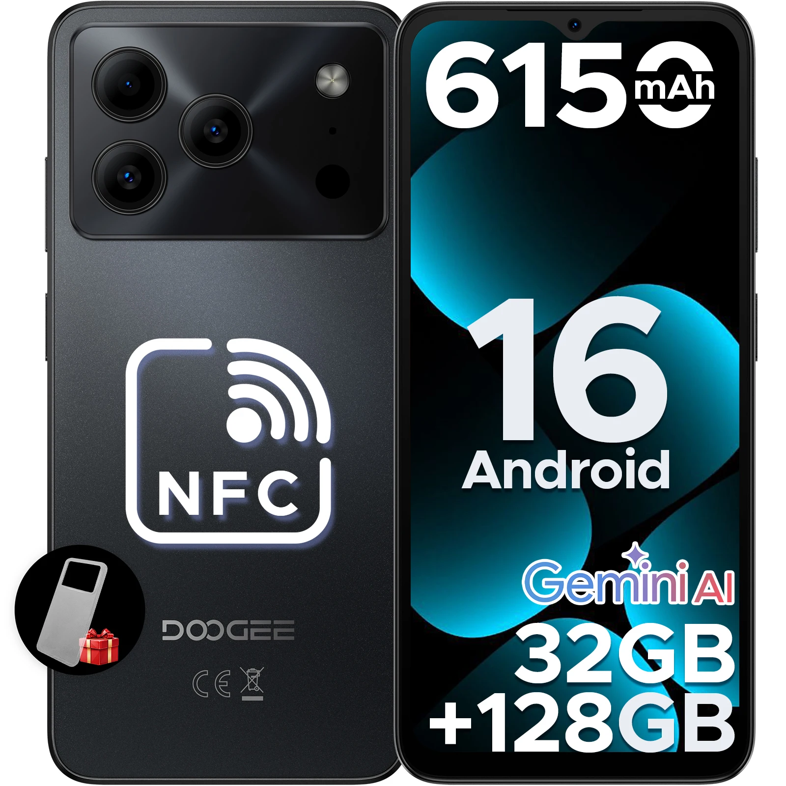 DOOGEE Note56 Pro - Android 16 Smartphone met Gemini AI, 6.56" scherm, 6150mAh batterij, 32GB RAM (4+28), 128GB opslag, Widevine L1