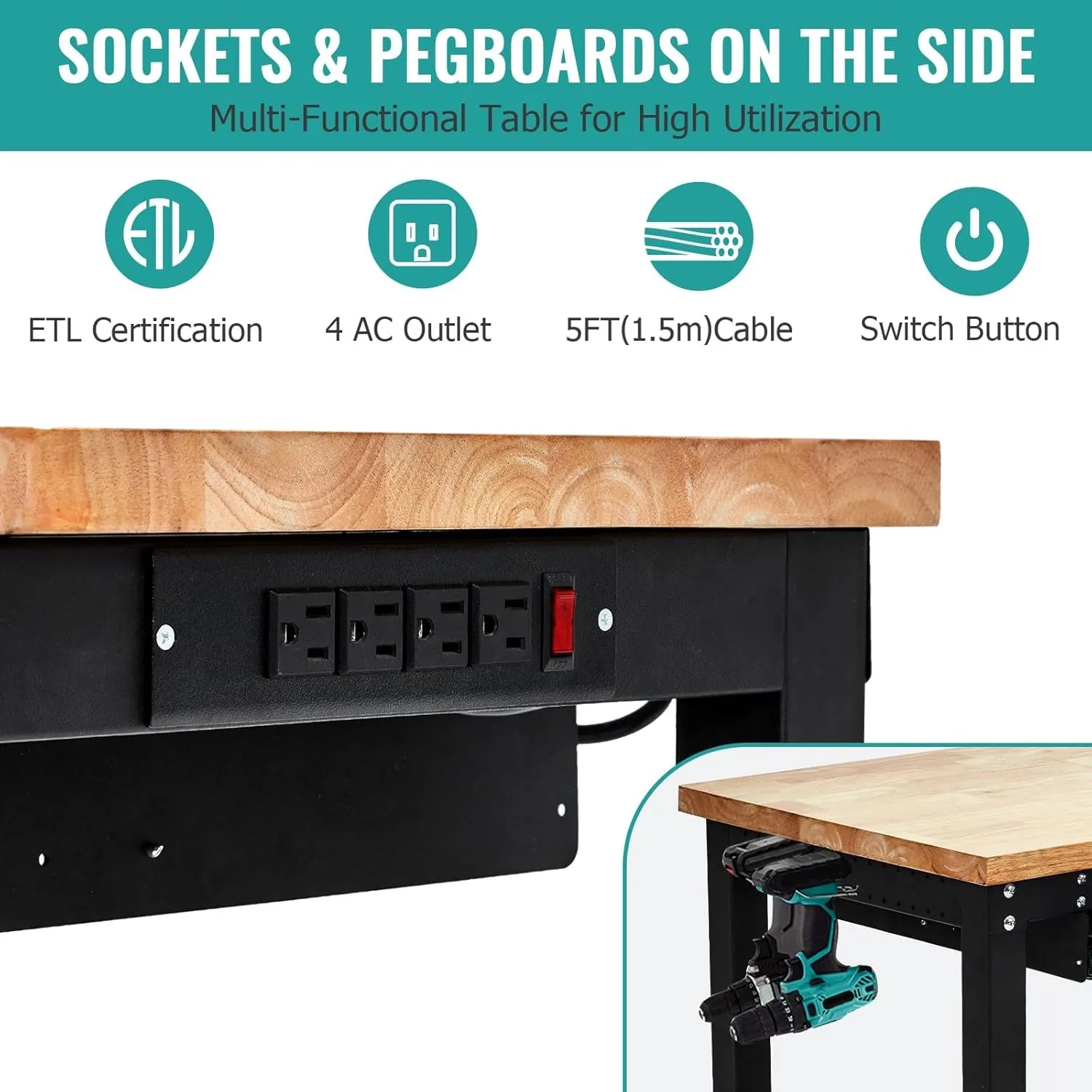 60 Inches Workbench Adjustable Height Work Bench w/ 2Drawers Pegboard Pad 3000LB