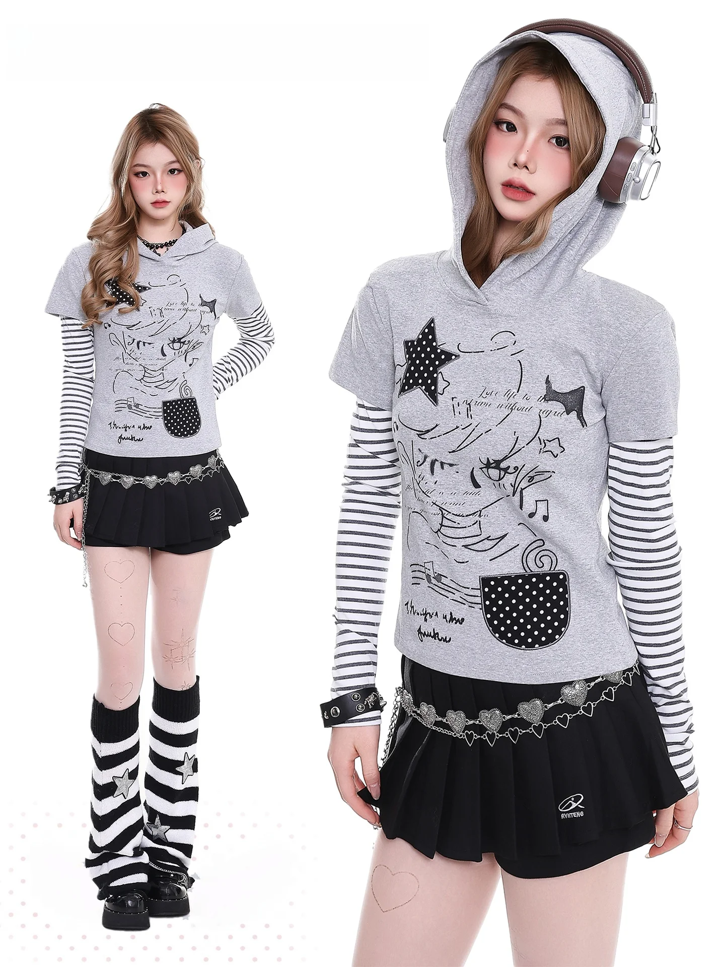 Sudadera con Capucha para Mujer, Estilo Y2K, Diseño Asiático Ligero, Estampado de Rayas, Estilo de Dos Piezas, Primavera, Efecto Adelgazante...