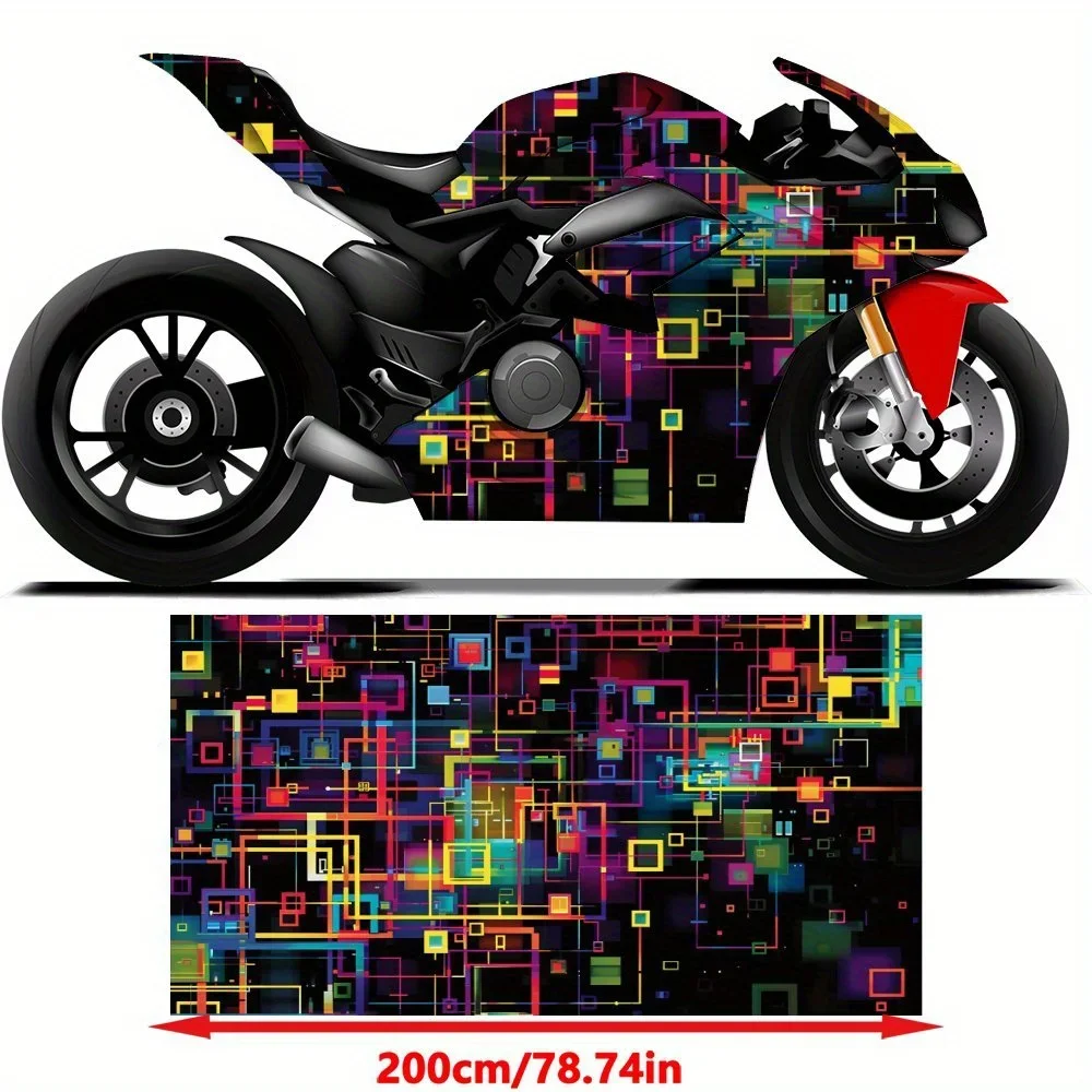 Striking Cyber Square Pattern PVC Motorcycle Vinyl Wrap, Self-Adhesive Waterproof Sticker, Anti-Scratch Decorative Film for Bike