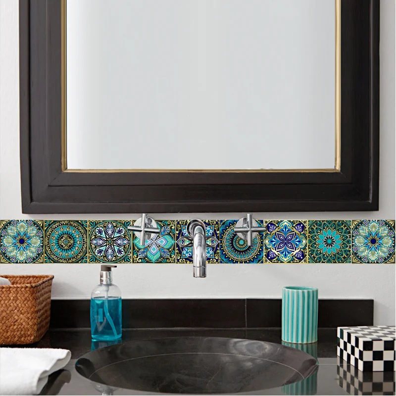 Adesivo de azulejo com padrão de mandala, adesivo de parede colorido fosco, decoração de casa para cozinha, sala de estar, banheiro, armário de mesa com 10 peças