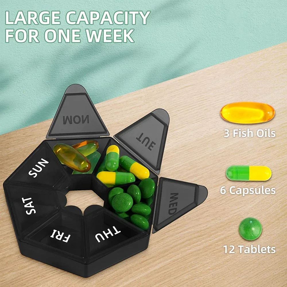 1Pcs 7-Sided Portable Pill Box Planner Small case,Vitamin Holder Boxes Organizer Pillbox Dispenser Organizer,Reminder containers