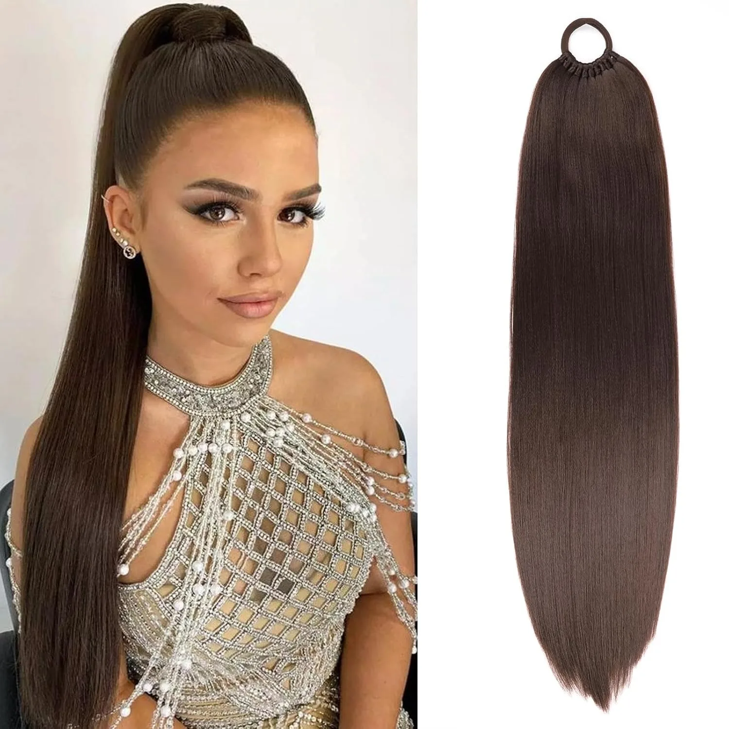24-Inch Long Straight Synthetic Drawstring Ponytail, No Shedding No Odor, Easy Clip-in for Extra Length & Volume