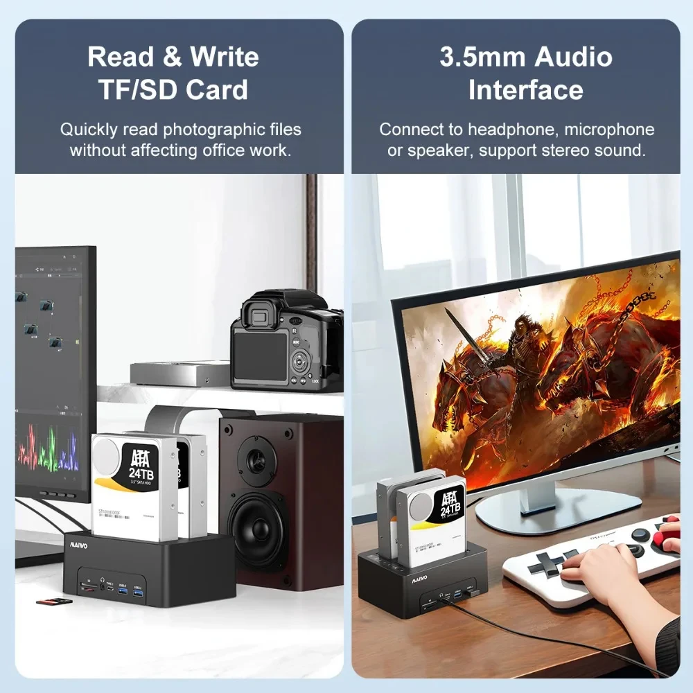 MAIWO Estación de acoplamiento de disco duro USB 3,0 de doble bahía con lector de tarjetas HUB USB para carcasa de clon sin conexión SATA SSD/HDD de 2,5/3,5"