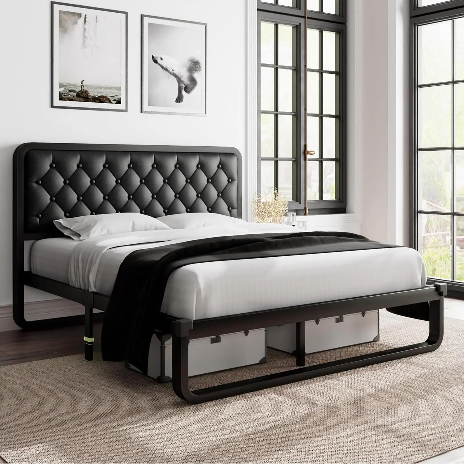 

Upholstered Platform Bed Frame with Heavy-Duty Steel Slats, Faux Leather Headboard, 12" Storage Space, No Box Spring Needed