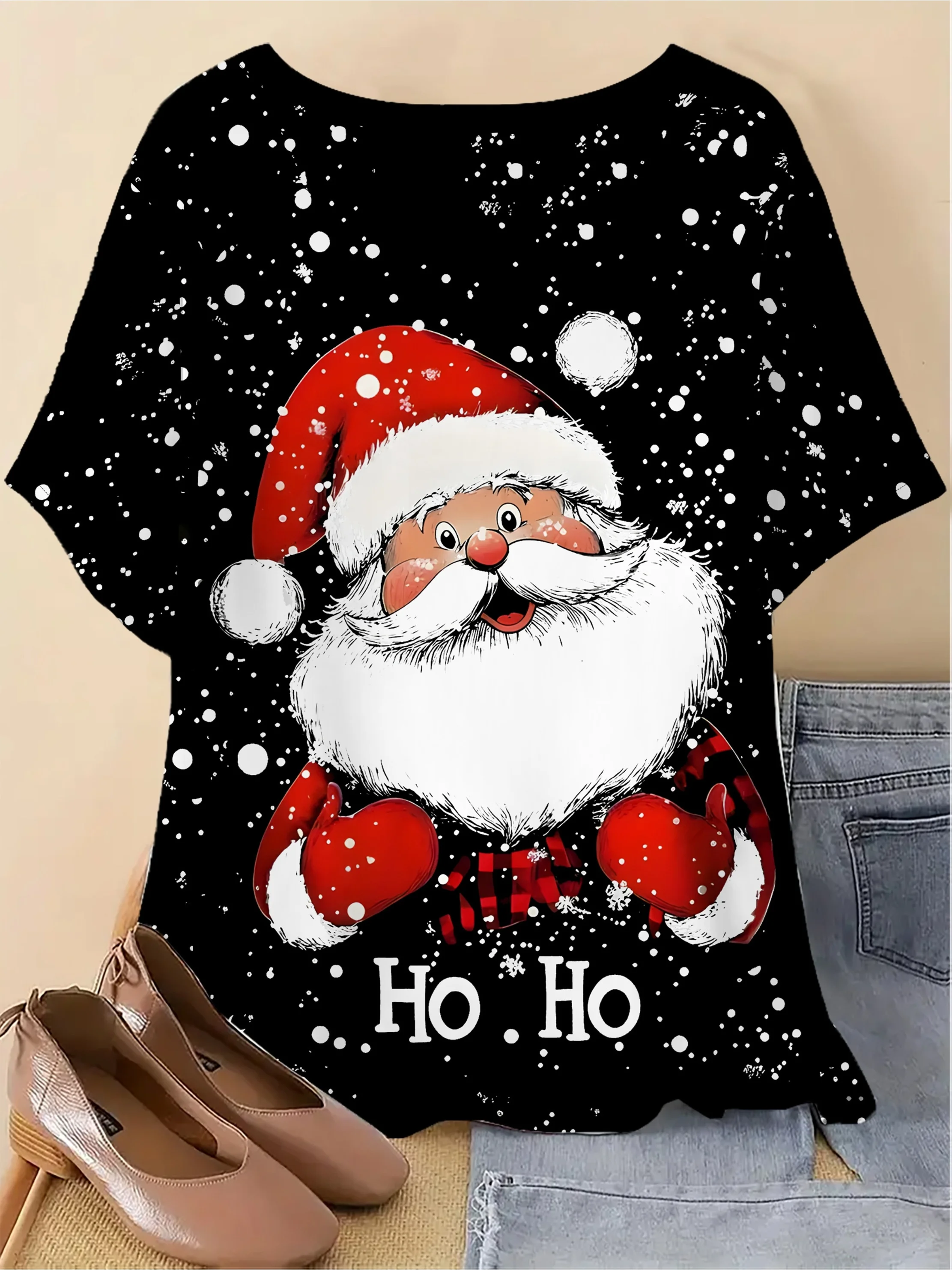 Women Crew Neck Short Sleeve T‑Shirt, Christmas Santa Claus Ho Snowflake Black Background Graphic Casual Holiday Tee