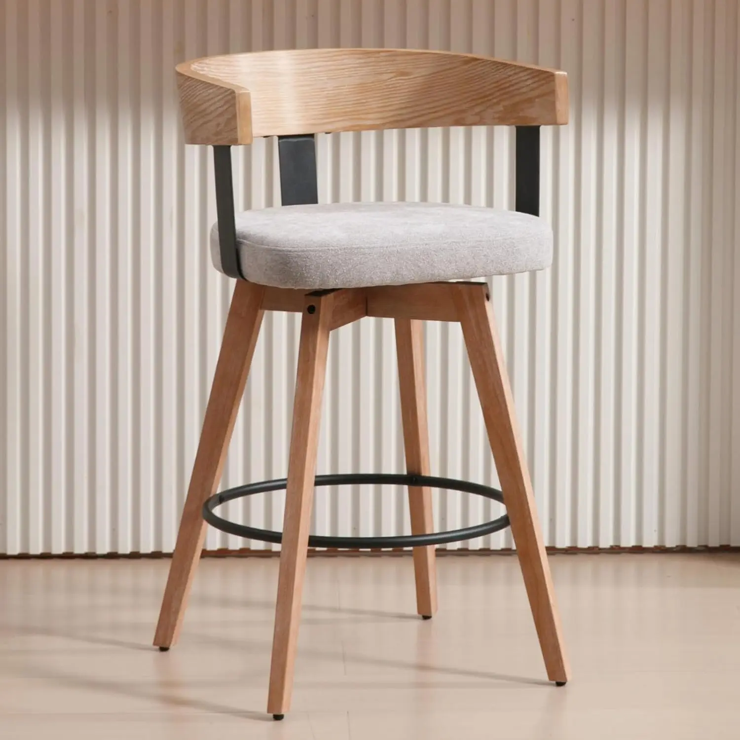 

Modern Swivel Bar Stool, 26" Height with Barrel Back, Grey Linen Seat & Wood Legs for Kitchen Island & Dining Room