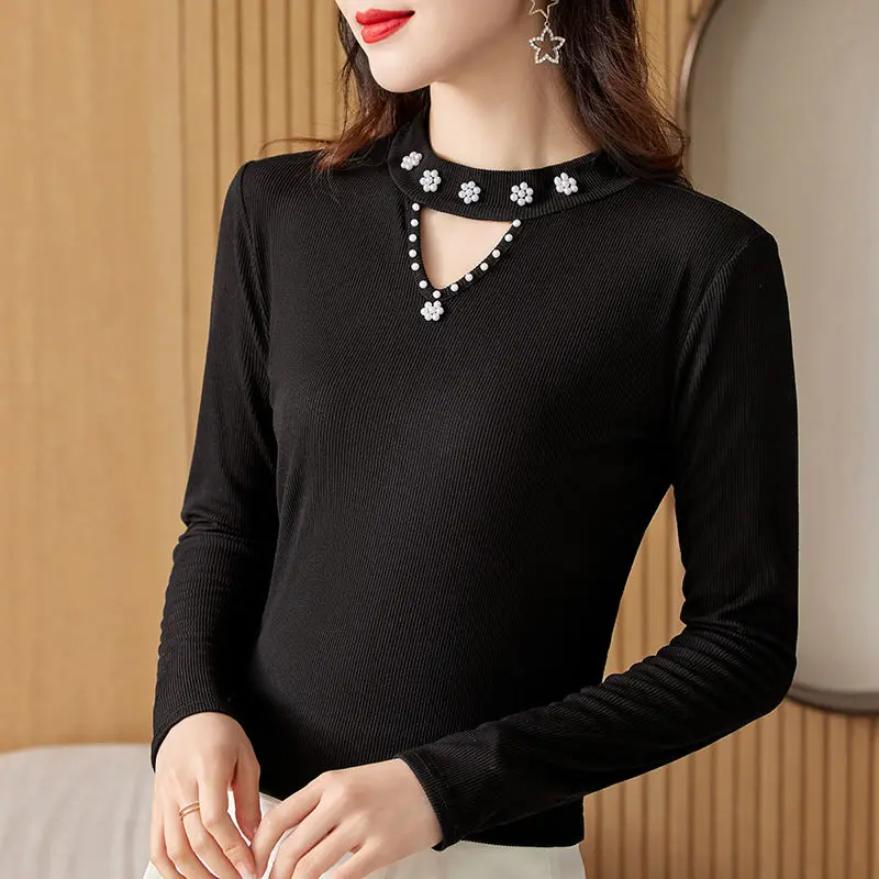 Fashion Solid Color Hollow Out Beading Blouses Women's Clothing 2023 Autumn Winter Loose Elegant Tops Office Lady Shirts