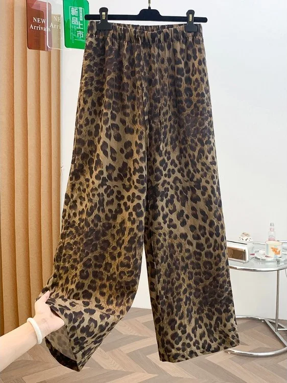 Fashionable Retro Leopard Print Wide Leg Pants Women's Summer New Style Slimming High Waist Belted Straight Casual Trousers