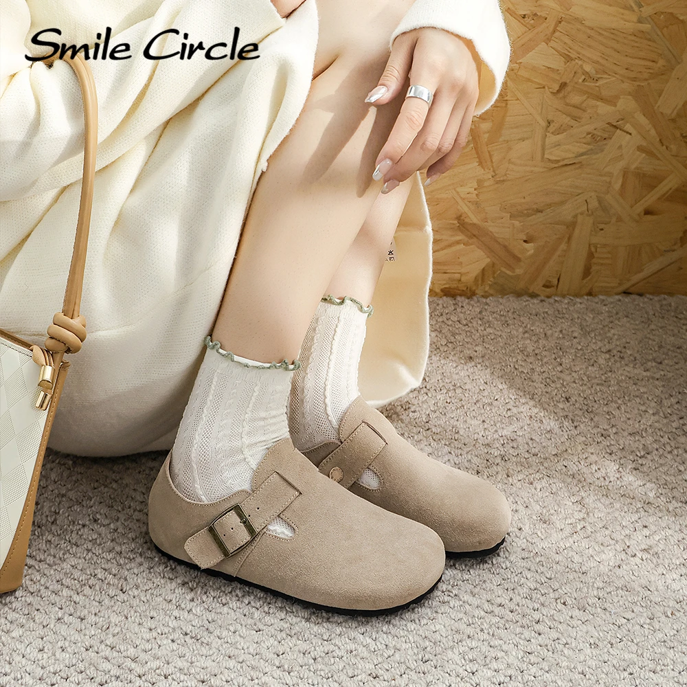 Smile Circle London Suede Leather Shoes Women closed-toe styles Cork Buckle Casual Shoes For Women Flats