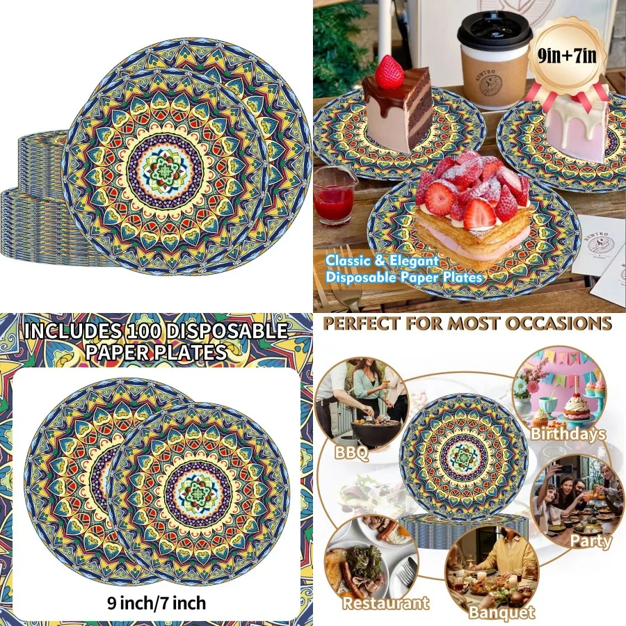 

100 шт. бумажные тарелки в стиле бохо 50 × 7 дюймов 50 × 9 дюймов одноразовые тарелки винтажные десертные тарелки в богемном стиле для вечеринки, кухни D