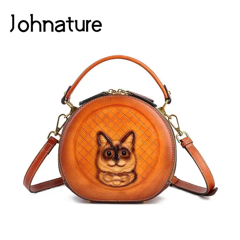 Johnature 2024 New Retro Genuine Leather Women Bag Hand Made Animal Pattern Embossing Handbag Real Cowhide Shoulder Bags