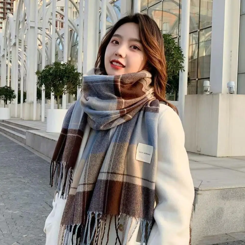 New Warm Winter Plaid Scarf Rose Pink Thickened Shawl Wrap Soft Elegant Long Tassel Scarves Women