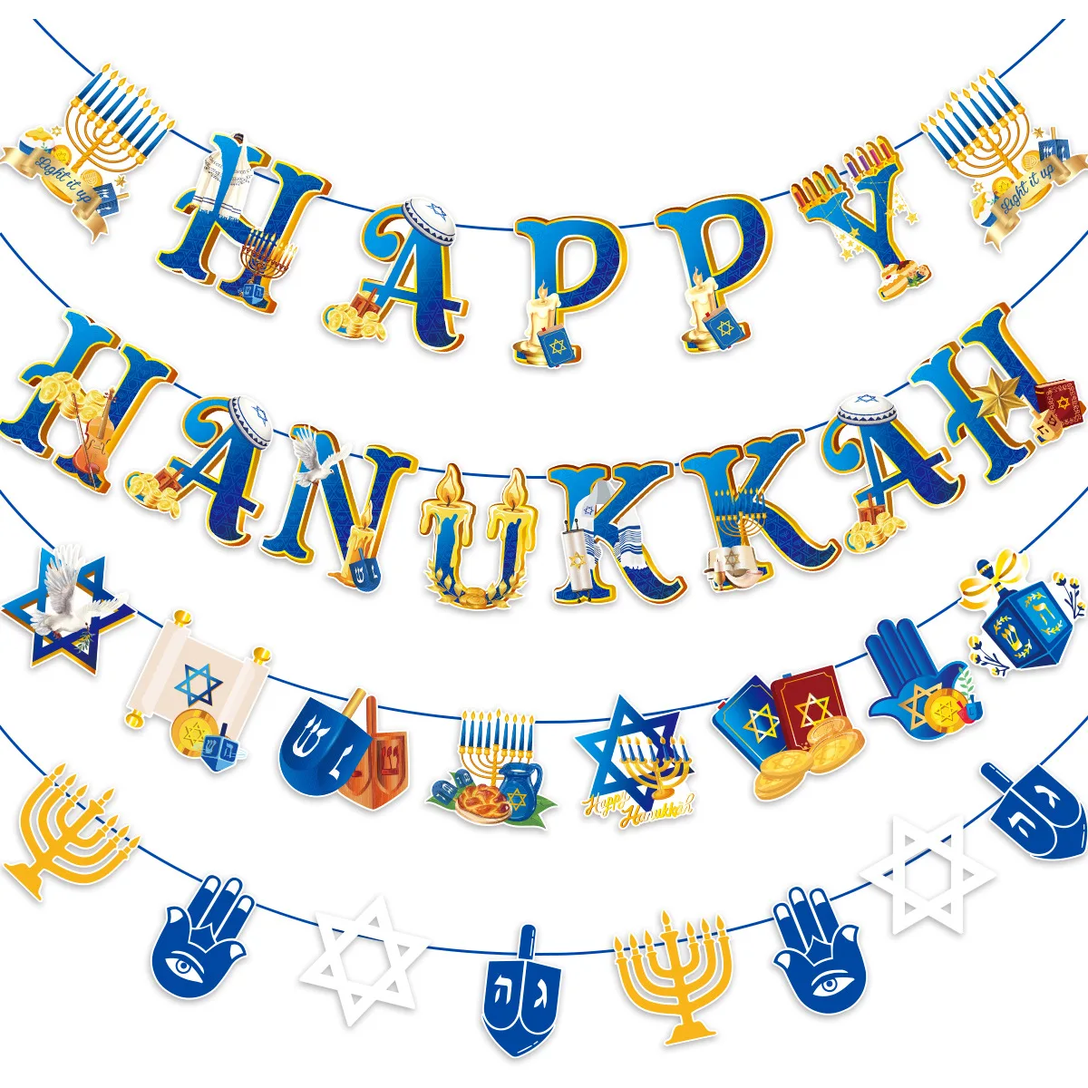 Hanukkah Theme Cartoon Paper Card Pull Flag Banner Festival Layout Party Decor Supplies for Jewish Happy Hanukkah Flag Banner