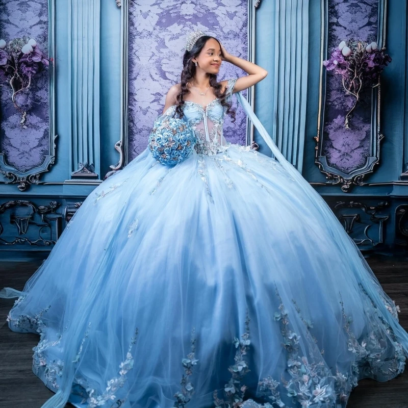 

Sky Blue Shiny Off The Shoulder Princess Sweet 16 Dress Quinceanera Dresses Applique Flower Beading Corset Tull Party Birthday