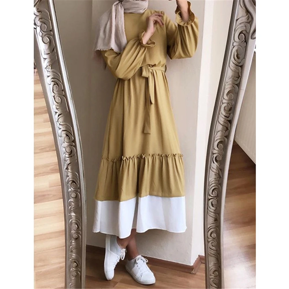 Modesto Casual Moda Donna Musulmano Increspature Abito a maniche lunghe Turchia Arabo Islam Abbigliamento Dubai Party Ramadan Abito Vestaglie Abiti