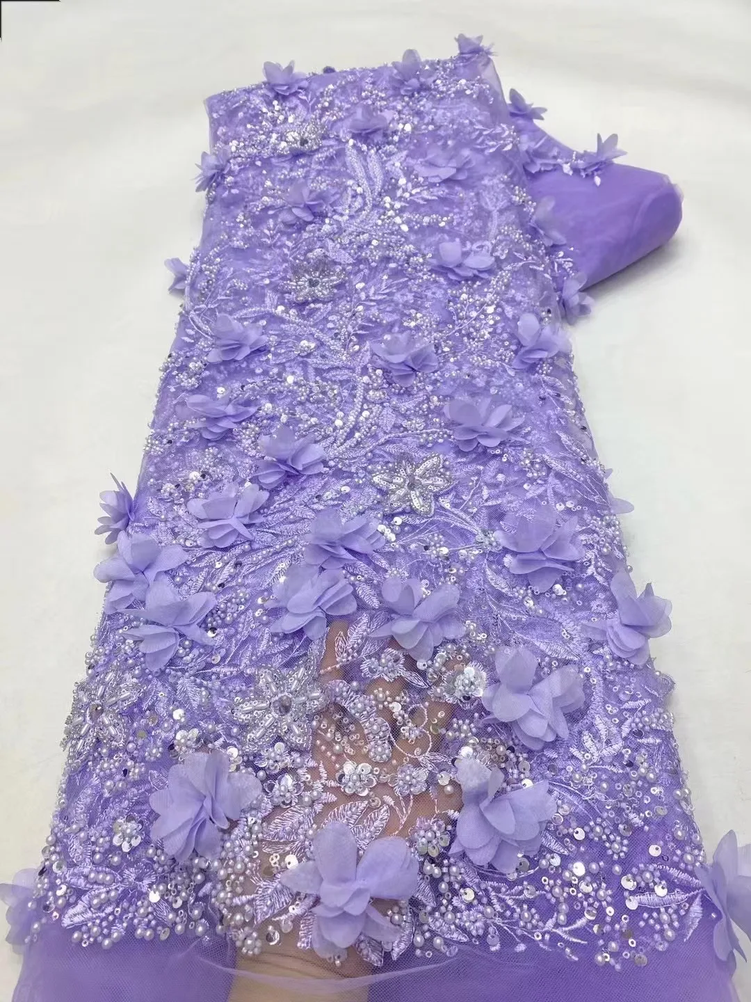 

5 Yards African 3D Flower Beads Lace Fabric 2024 High Quality French Nigerian Embroidery Tulle Fabric For Wedding Dress Sewing