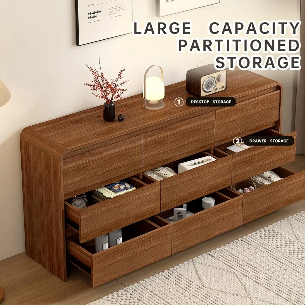 خزانة ذات 9 أدراج، خزانة ذات أدراج خشبية مقاس 63 بوصة، تصميم منحني مضاد للتصادمات، خزانة تخزين منتصف القرن، مضمنة مسبقًا