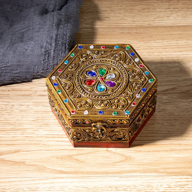 

Thai-Style Solid Wood Colored Glaze Jewelry Box Storage Tools Candy Box Desktop Ornament Living Room Restaurant Home Decoration