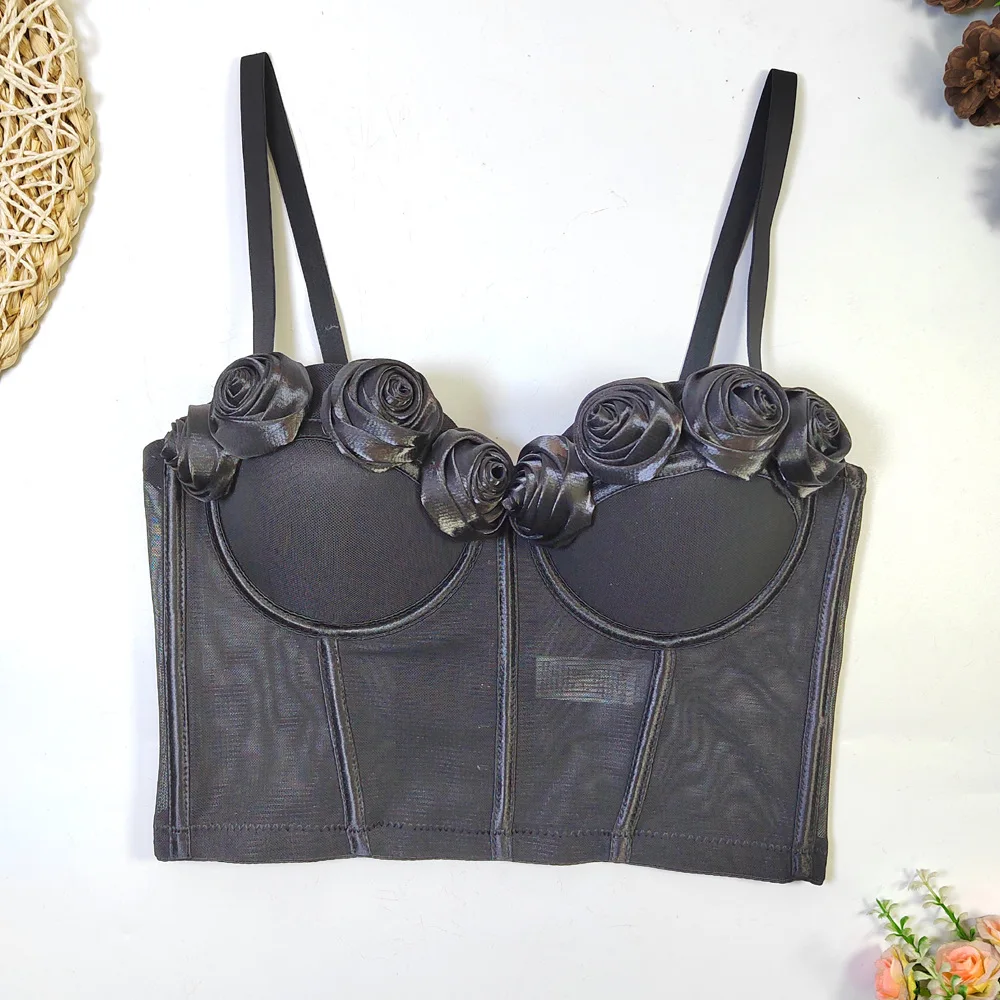 

Женский сексуальный бюстгальтер ручной работы с цветком розы, сетчатое нижнее белье без бретелек, интегрированная фиксированная чашка, подтяжки в форме рыбьей кости, сексуальное женское белье