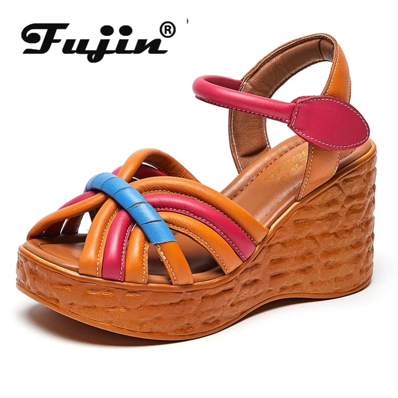 

Fujin 8cm Artistic Weave Genuine Leather Peep Toe Fashion 2024 Ethnic Sandals Women Multicolor Platform Wedge Hook Summer Shoes