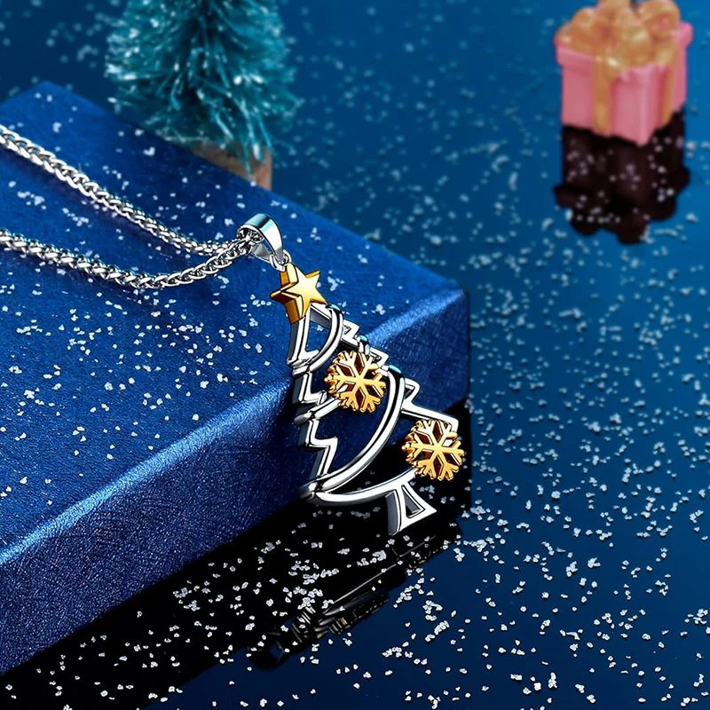 Huitan Unique Two-tone Christmas Tree Necklace for Women Dainty Snowflake Star Ear Accessory Chic Luxury Opulent Holiday Jewelry