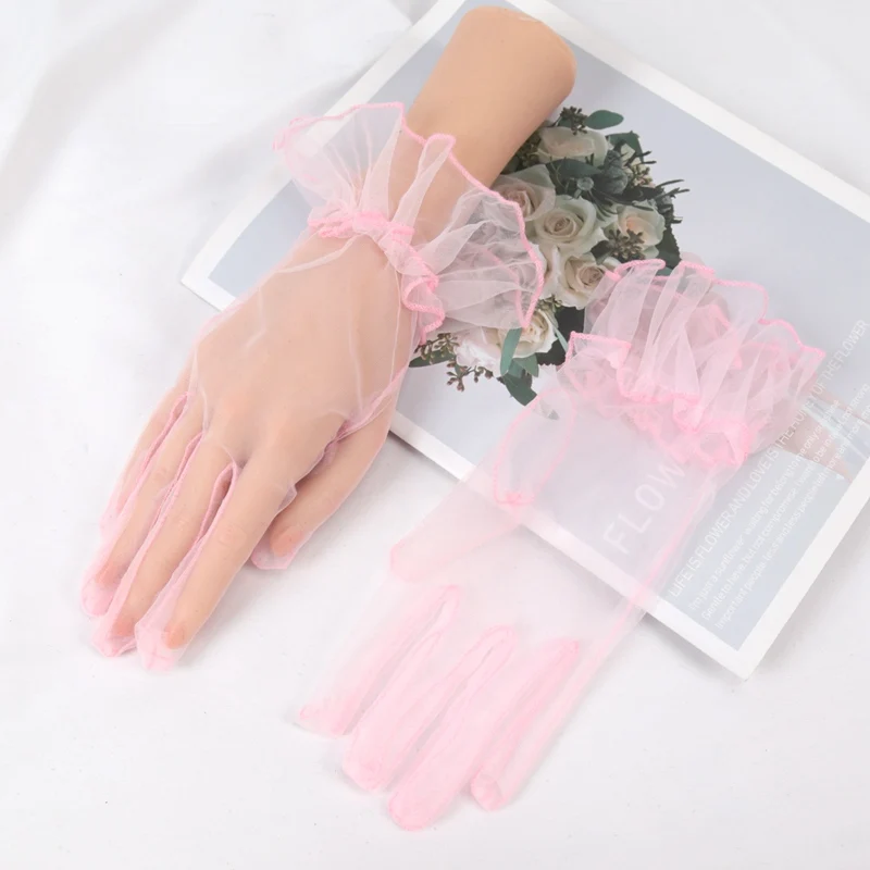 Neue sexy transparente Spitze schwarz weiß Handschuhe einfarbig Mode Frauen fahren kurze Tüll handschuhe Mesh dehnbare Hochzeits handschuhe – Detail 8
