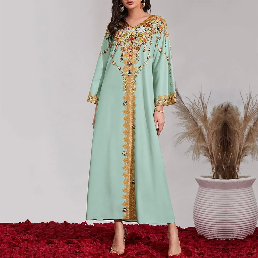 Vrouwen Jurk Lente Print V-Hals Lange Mouw Kaftan Moslim Dame Gewaad Feest Ramadan Femme Lange Jurk