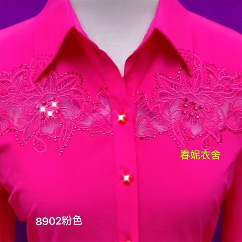 Fashion White Red Blue Shirts For Women New Temperament Design Embroidered Rhinestone Spring Autumn Summer Shirt Blous
