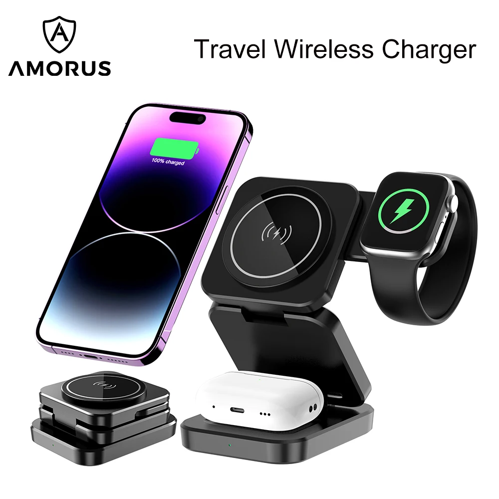 AMORUS 3-in-1 15W Fast Charging Magnetic Wireless Charger for iPhone Apple Watch Airpods Folding Phone Bracket Best Travel Set