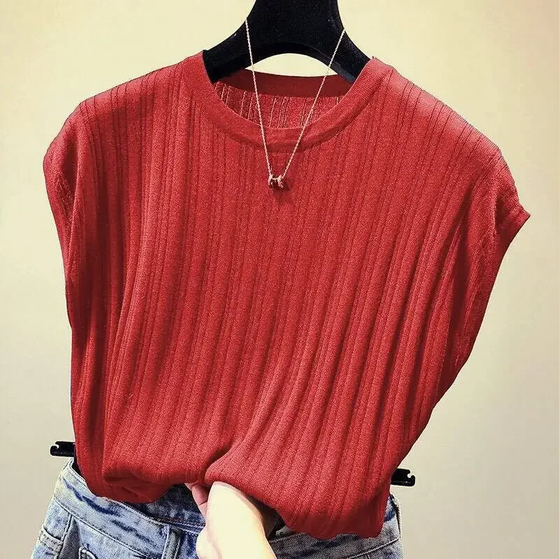 Women Summer Tops Solid Short Sleeve Knitted Loose T-shirts O-Neck Casual Tees For Women Bottoming Shirts 2023