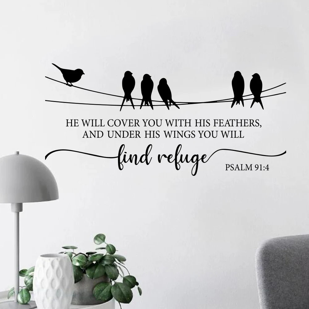 المسيحية الكتاب المقدس الآية مزمور 91:4 الجدار ملصق غرفة نوم سوف تغطيتك مع ريش له جدار ملصق غرفة المعيشة ديكور المنزل