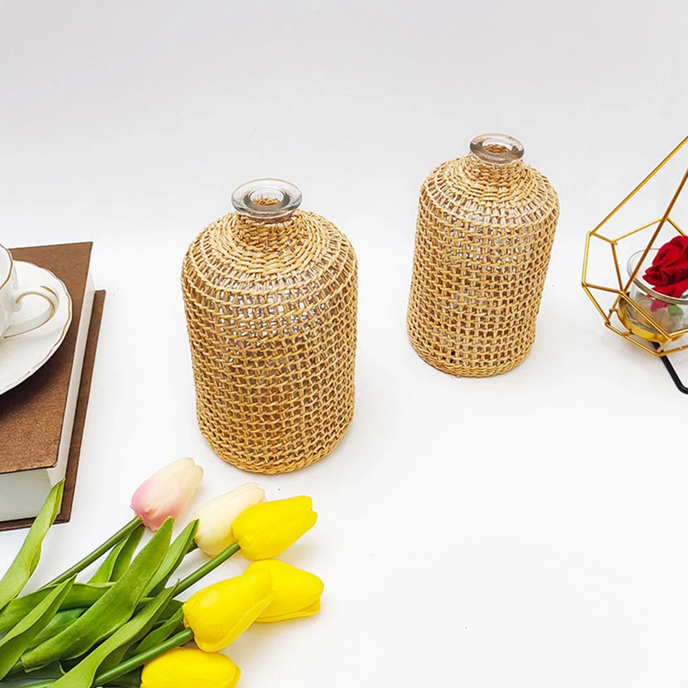 

Compact Glass Flower Vase Straw Woven Design Rustic Farmhouse Decorative Table Centerpiece For Dried Flowers Plants Container