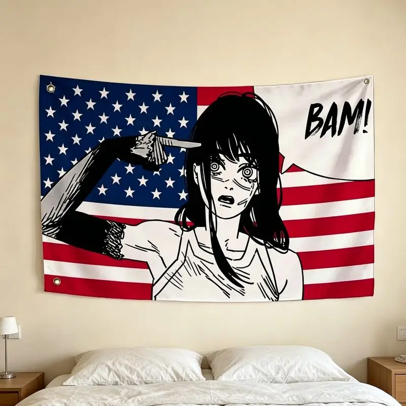 Anime Girl Against the Knife BAM Wandteppich mit amerikanischer Flagge, Action-Wandkunst für Schlafzimmer, Wohnheim, Musik, Esports-Raum – Detail 4
