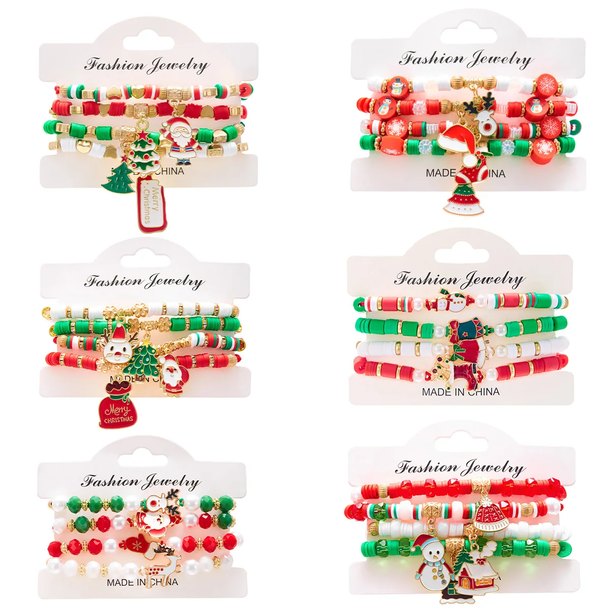 4Pcs/set Christmas Tree Santa Claus Bracelet For Women Xmas Deer Snowman Polymer Clay Beads Woven Bangles New Year Jewelry Gifts