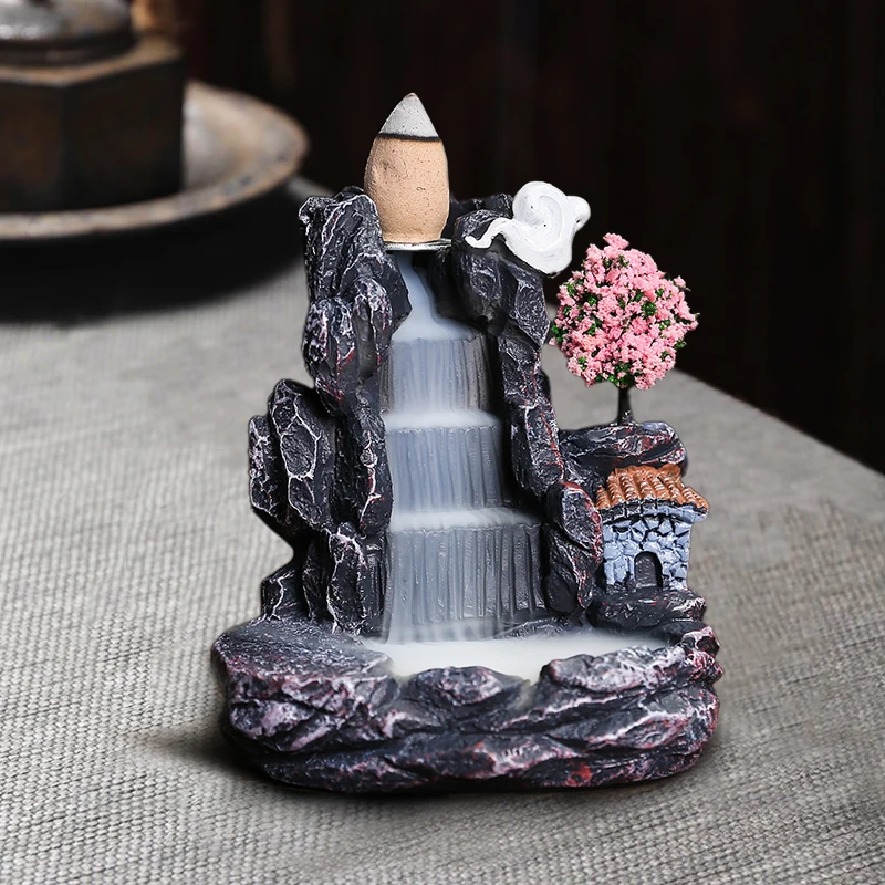 Resin Incense Burner Mountains River Waterfall Decoration for Home Fragrance Fireplace Backflow Aroma Smoke Fountain Zen Censer