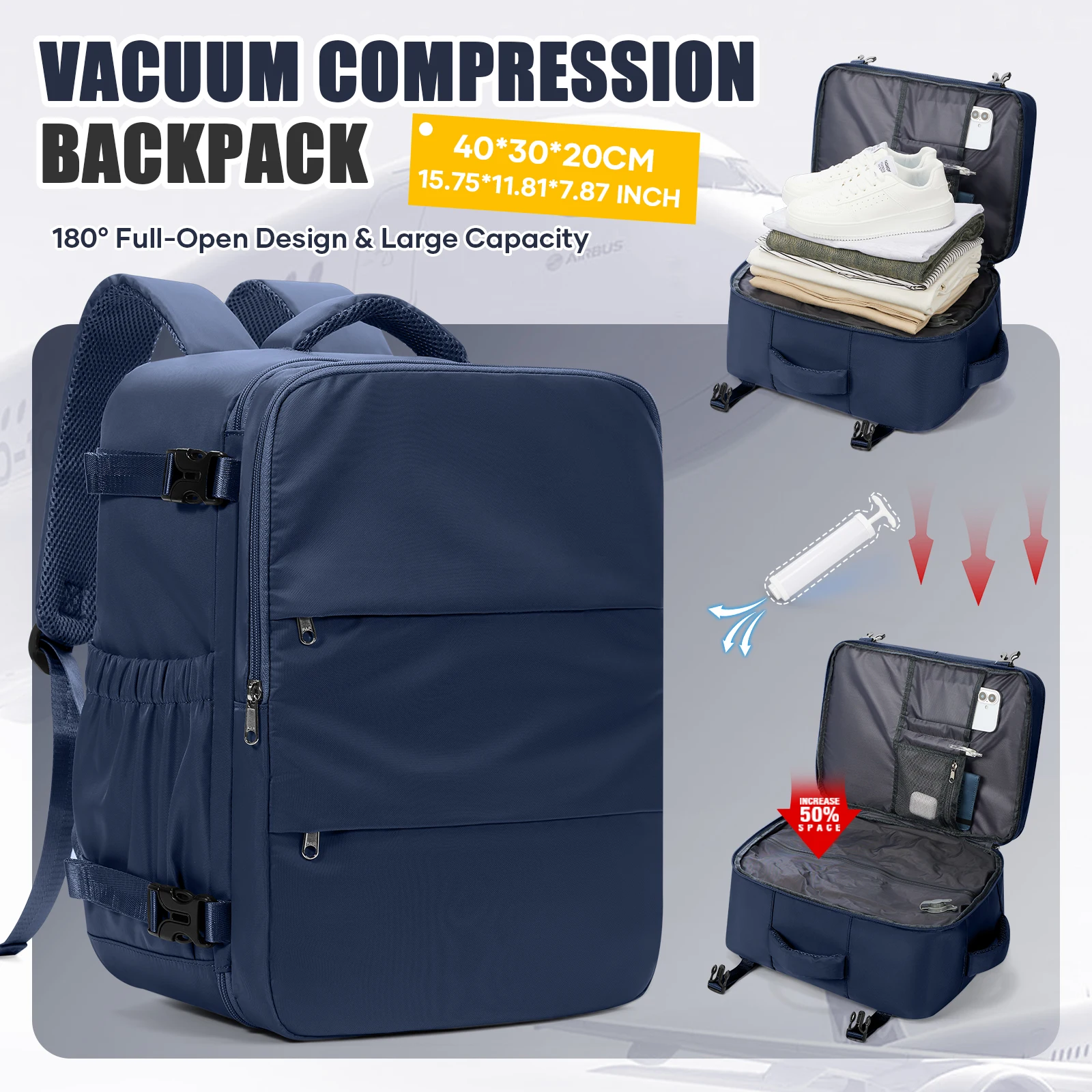 

Vacuum Compression Backpack, Ryanair 40×30×20 Backpack Airline Approved, Includes Vacuum Compression Pump, Travel Business Bag