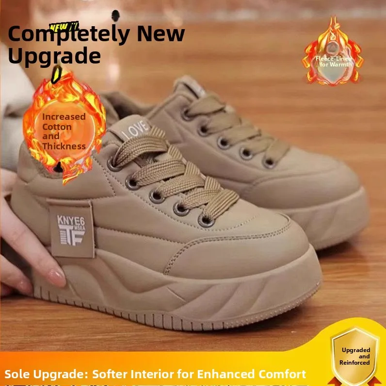 المرأة سميكة القاع صوف مبطن عارضة القطن الخبز أحذية شتاء دافئ أنيق الكورية نمط حذاء مسطح جولة تو قطع منخفضة #5