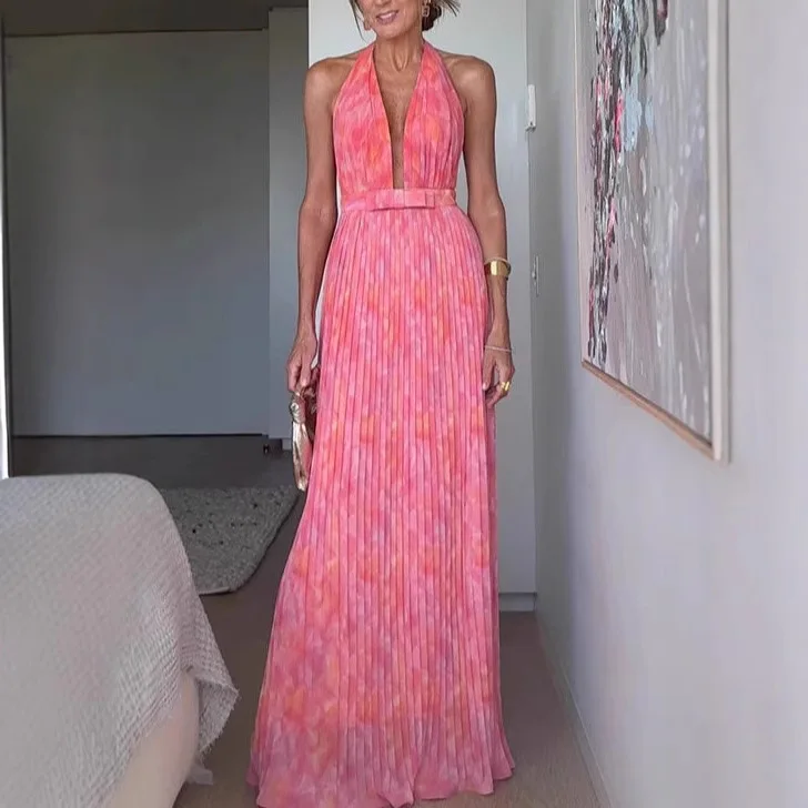 New vacation-style women's dress, sexy deep V-neck with tie-back design
