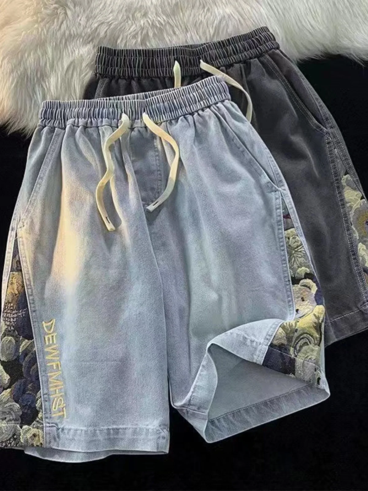 

Мужские джинсовые шорты в стиле ретро с вышивкой и пэчворком, на эластичной резинке, летние, тонкие, модные, свободного кроя, длиной до колена, повседневные