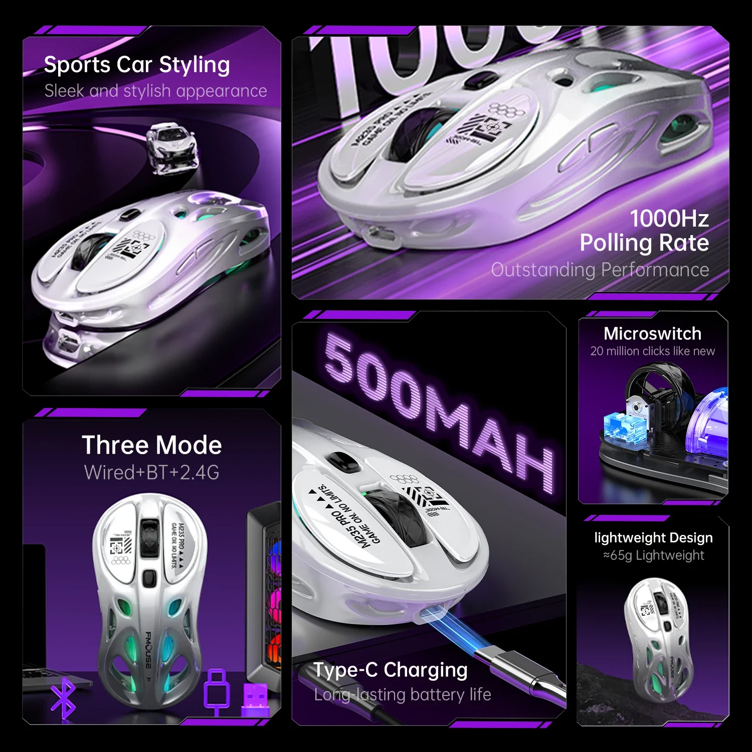 M235 Pro Lightweight Wireless Laptop Mouse BT/2.4G/Wired RGB 1000Hz Polling Rate Programmable Designed for Comfortable Office