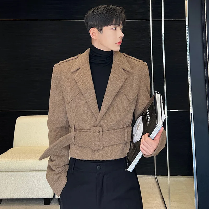 IEFB Autumn Winter Thickened Designer Short Woolen Belt Men Jacket Coat 2023 Solid Color Korean Fashion Male Tops 9A6200