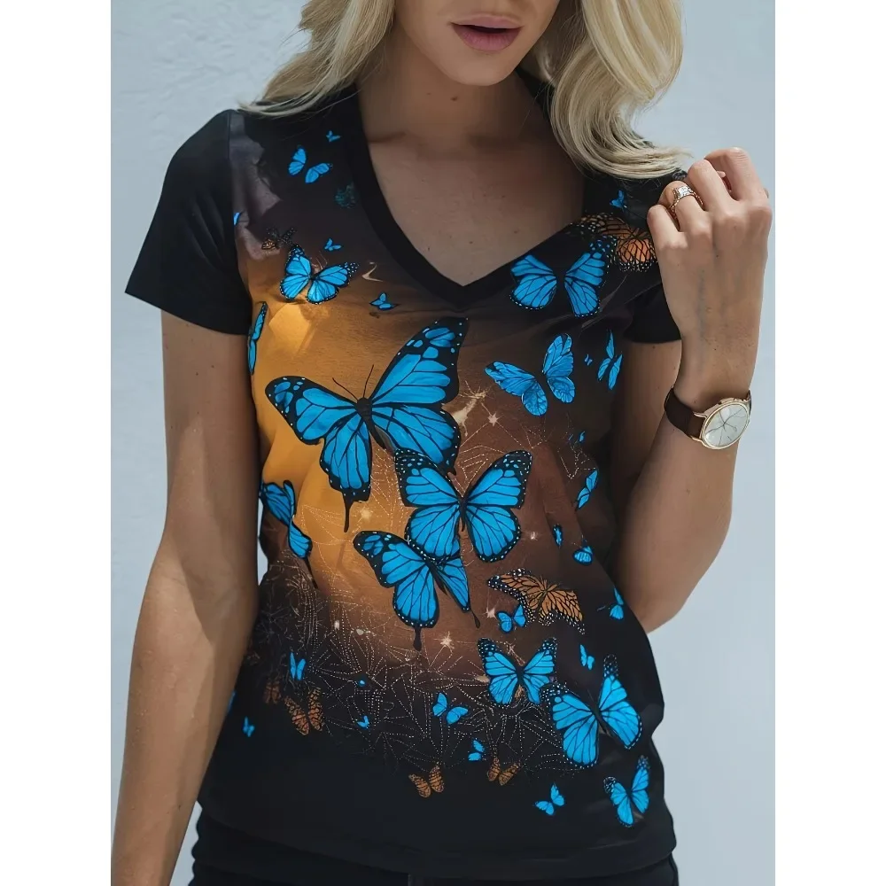 

Plus Size 1XL-5X Summer Women's V-Neck Short Sleeve T-Shirt with Butterfly Graphic Print Ladies Casual Short Sleeve T-shirt Tops