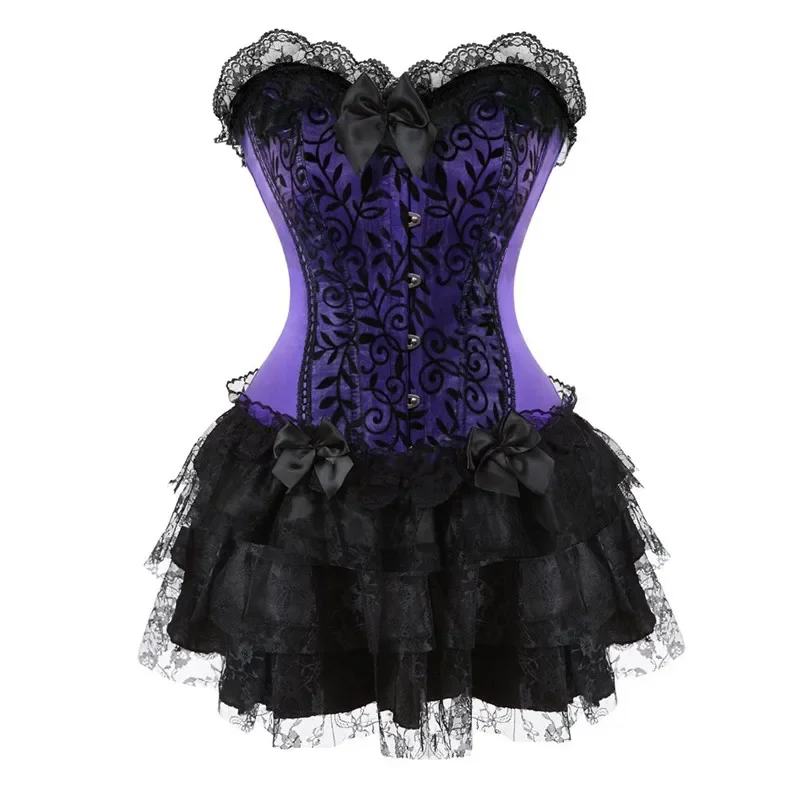 Corset Dress Top With Lace Tutu Skrits Set Overbust Burlesque Costume Party Sexy Ladies Outfit Plus Size Gothic Halloween