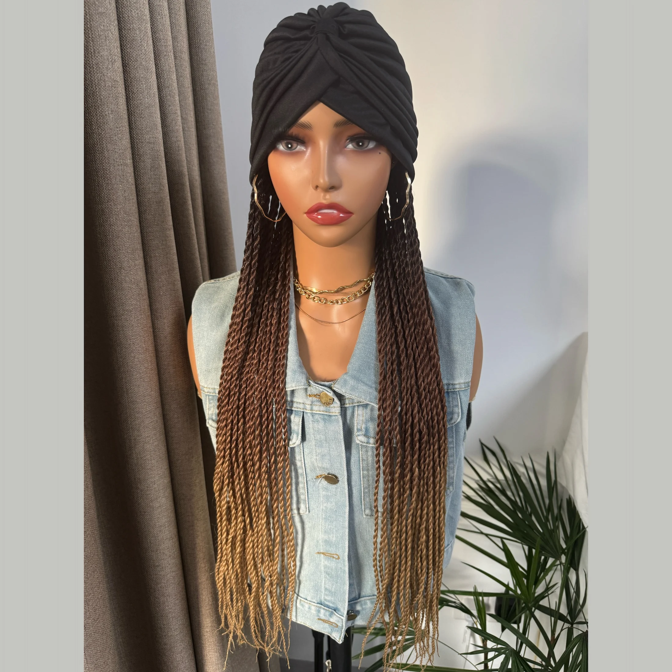 Turban Braiding Hair Long Ombre Fantasy Senegalese Twist 24Inch Braided Synthetic Wig With Headband  Extensions For Women